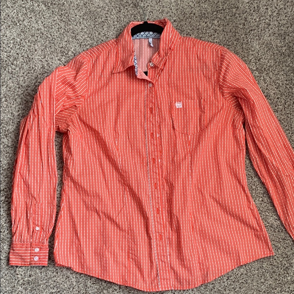 Women Cinch Westen Shirt.  Orange Striped. XL